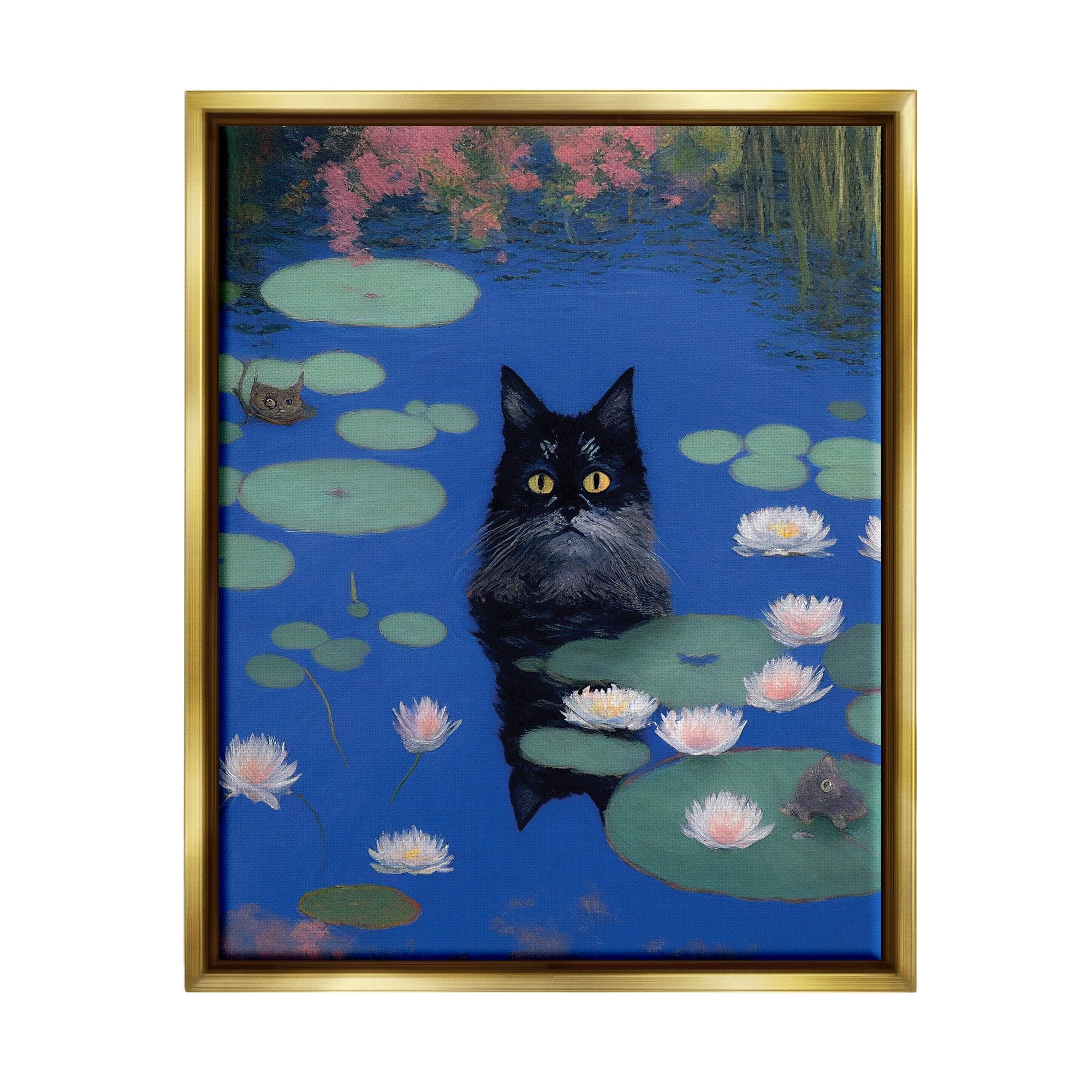 Stupell Industries Black Cat in Pond Animals & Insects Painting Gold Floater Framed Canvas Art Print Wall Art, 17 x 21