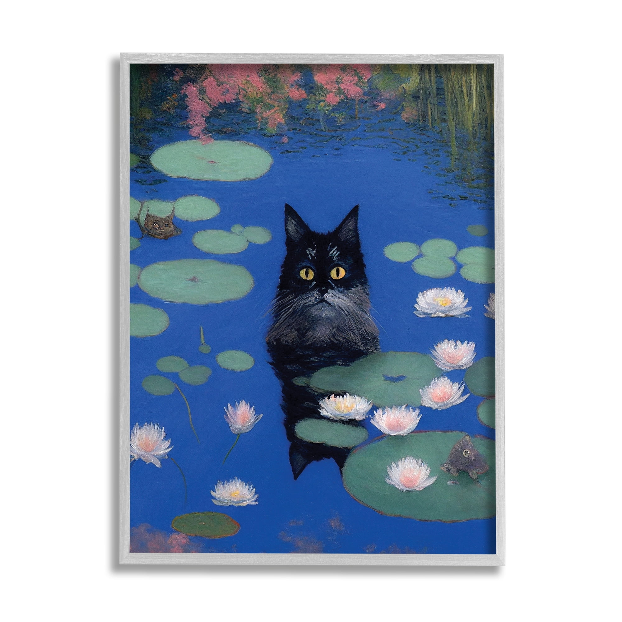 Stupell Industries Black Cat in Pond Animals & Insects Painting Gray Framed Art Print Wall Art, 11 x 14