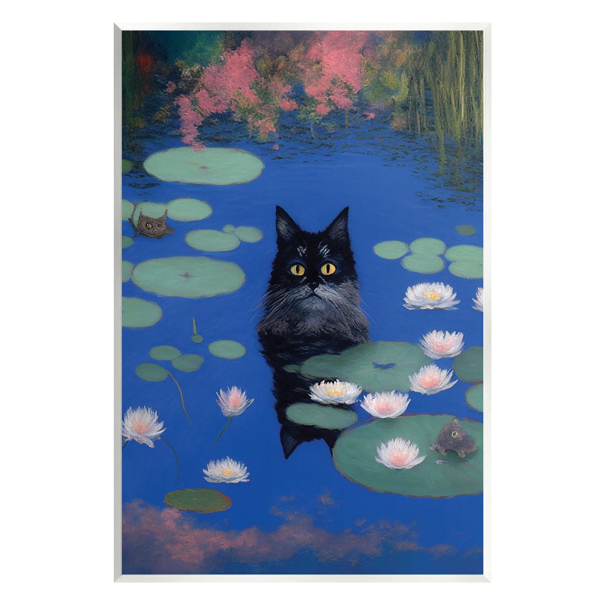 Stupell Industries Black Cat in Pond Animals & Insects Painting Unframed Art Print Wall Art, 10 x 15