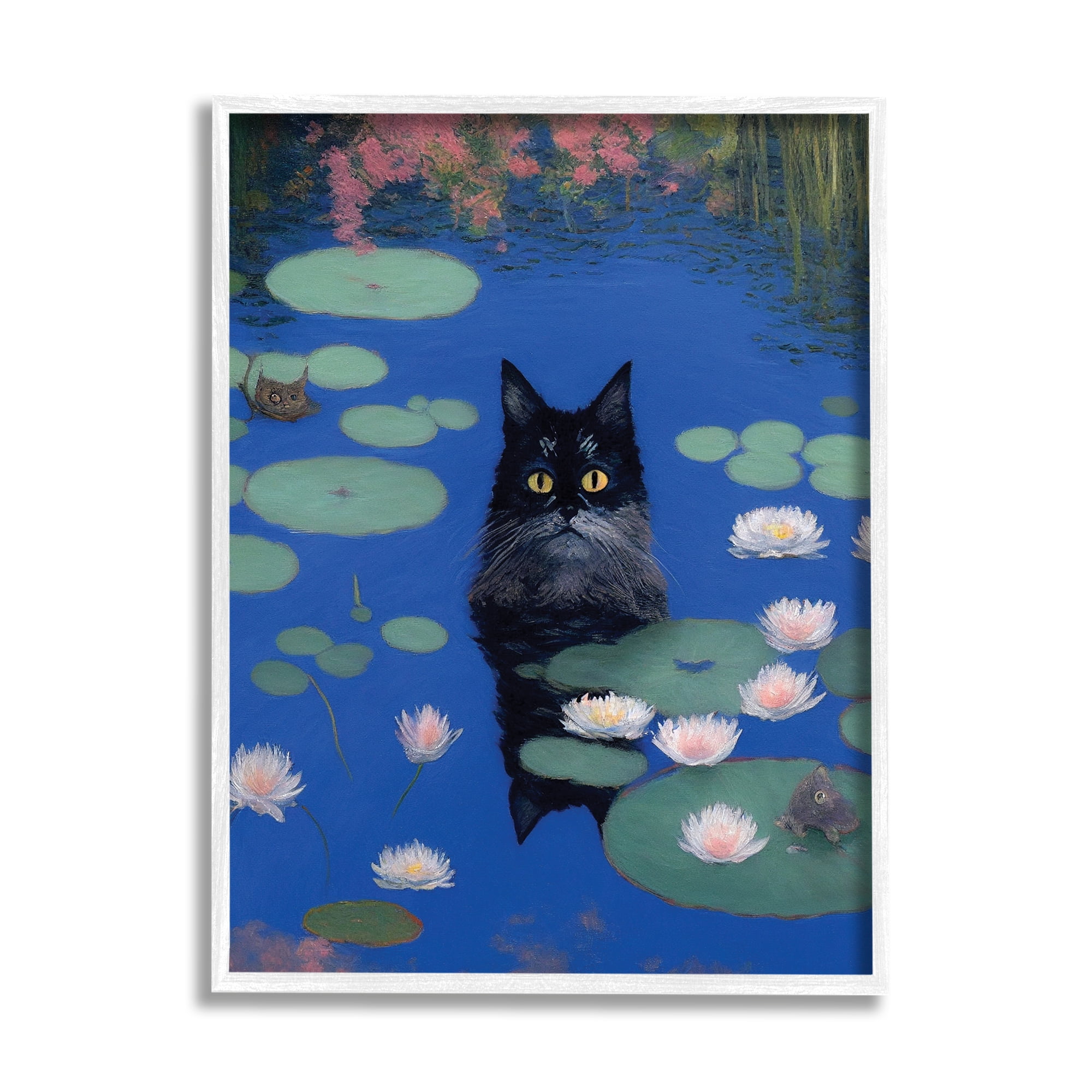 Stupell Industries Black Cat in Pond Animals & Insects Painting White Framed Art Print Wall Art, 24 x 30