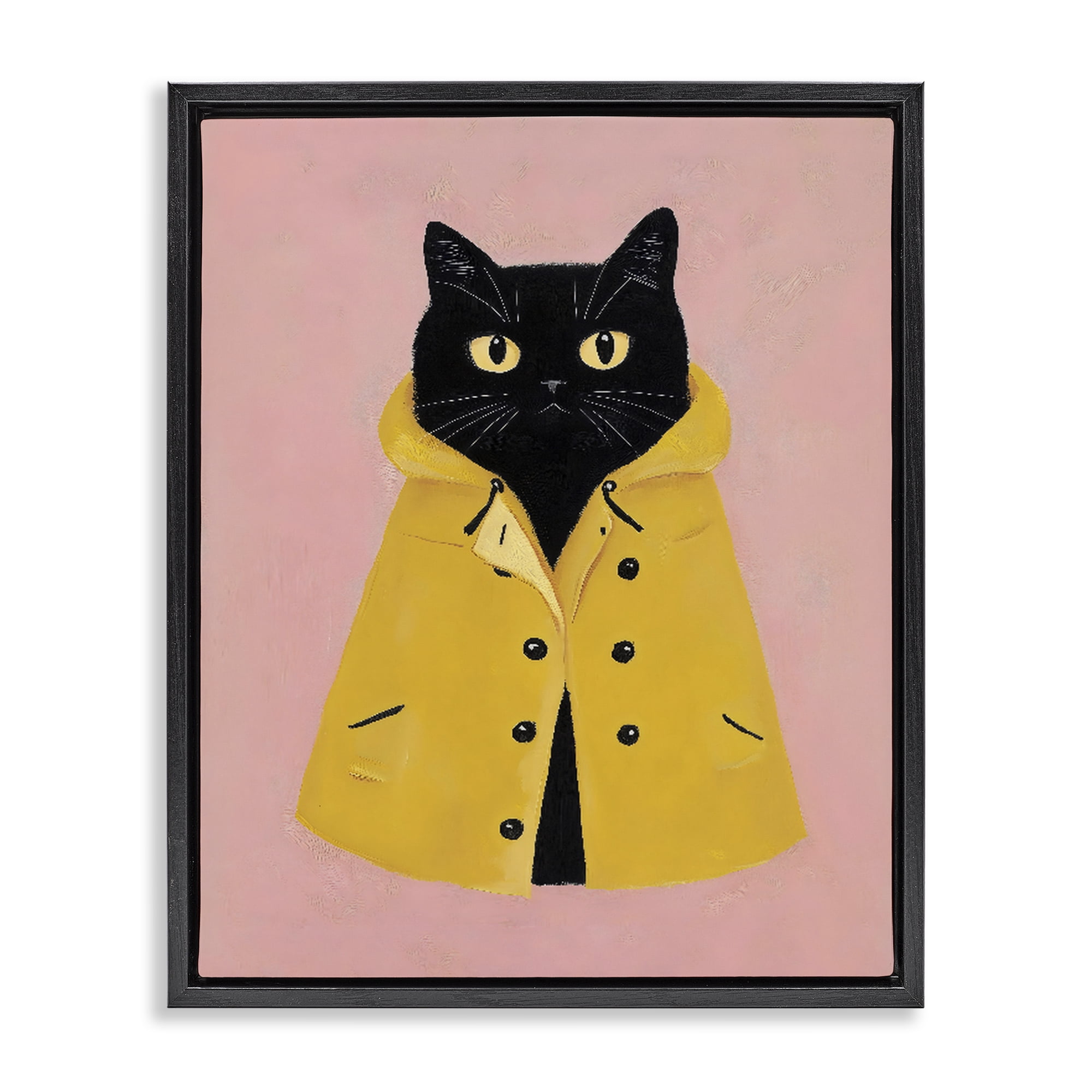 Stupell Industries Black Cat in Yellow Raincoat Black Framed Floater Canvas Wall Art, design by The Prints Vibe