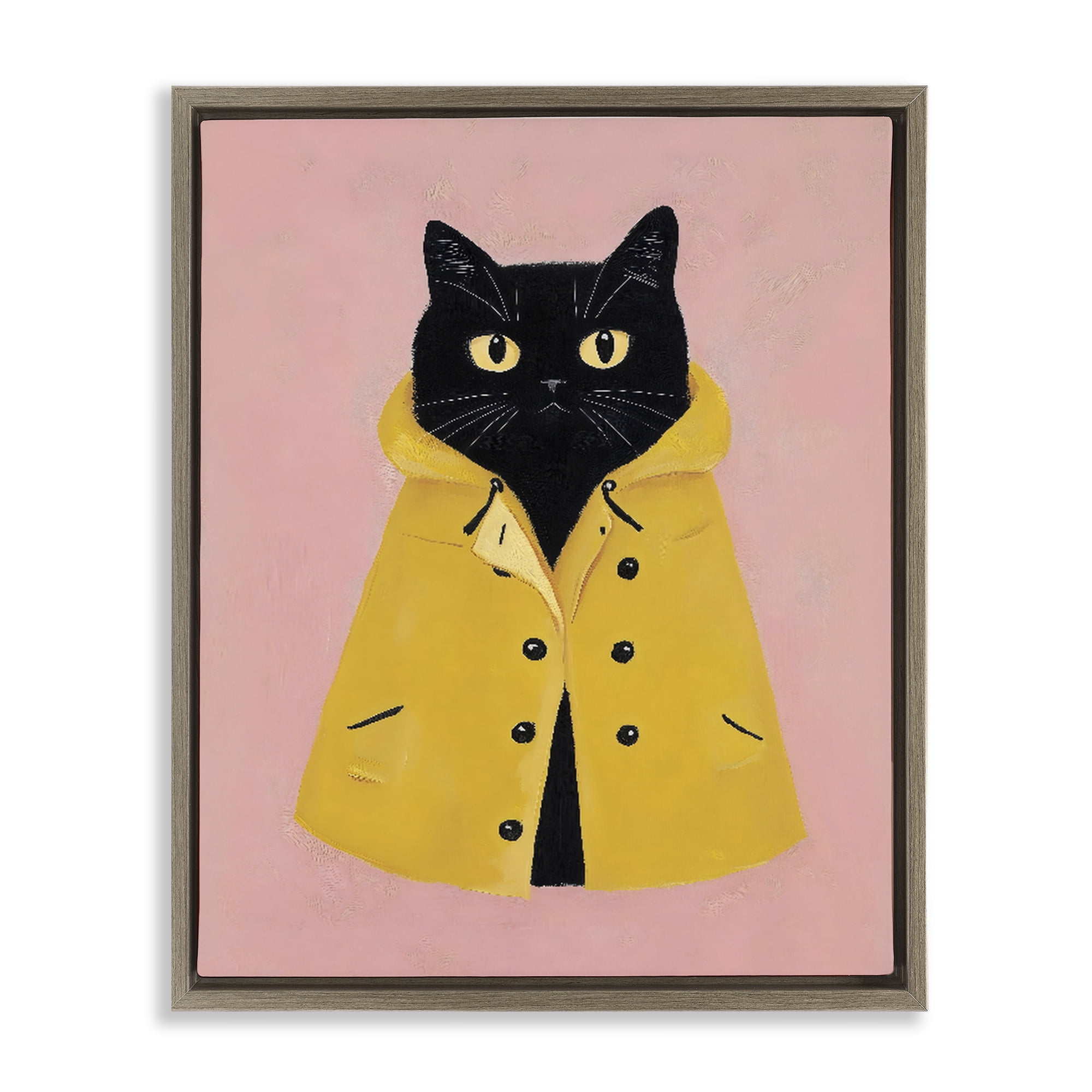Stupell Industries Black Cat in Yellow Raincoat Brown Framed Floater Canvas Wall Art, design by The Prints Vibe