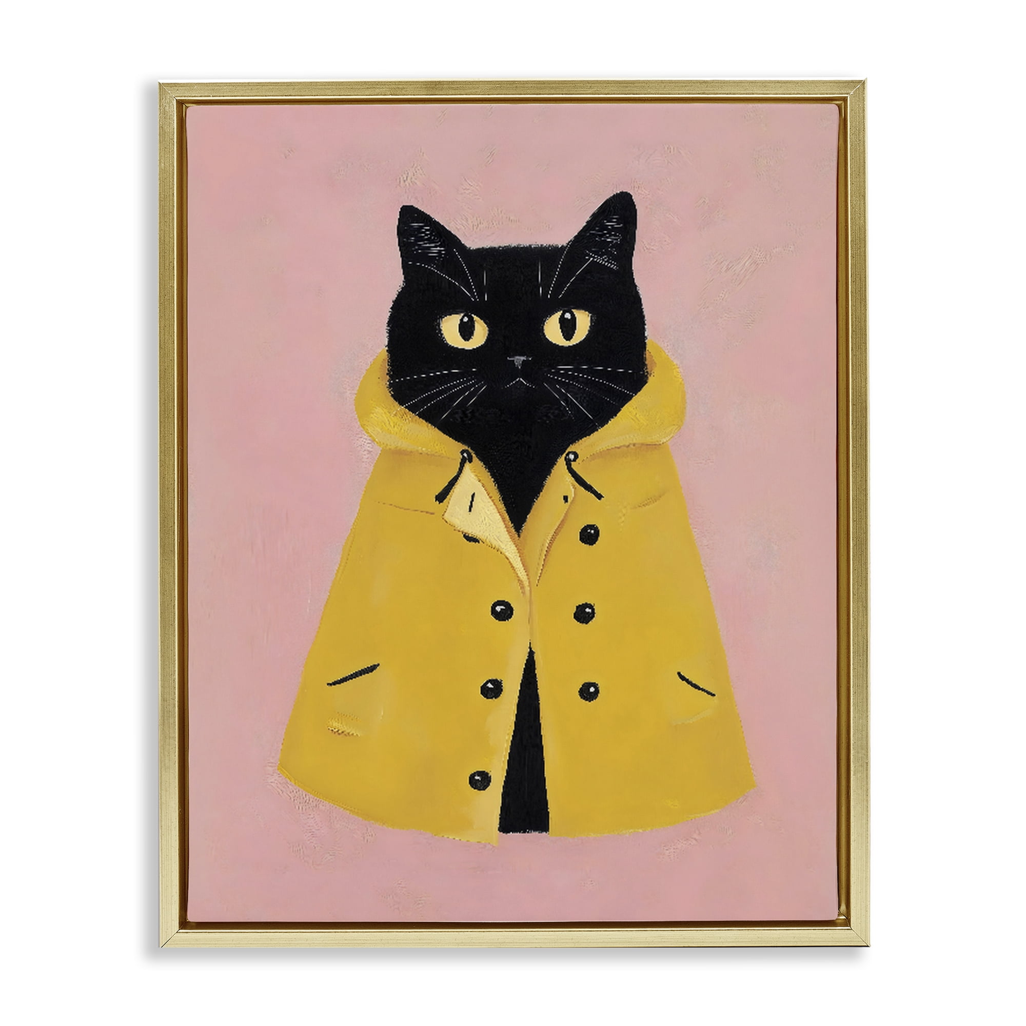 Stupell Industries Black Cat in Yellow Raincoat Gold Framed Floater Canvas Wall Art, design by The Prints Vibe