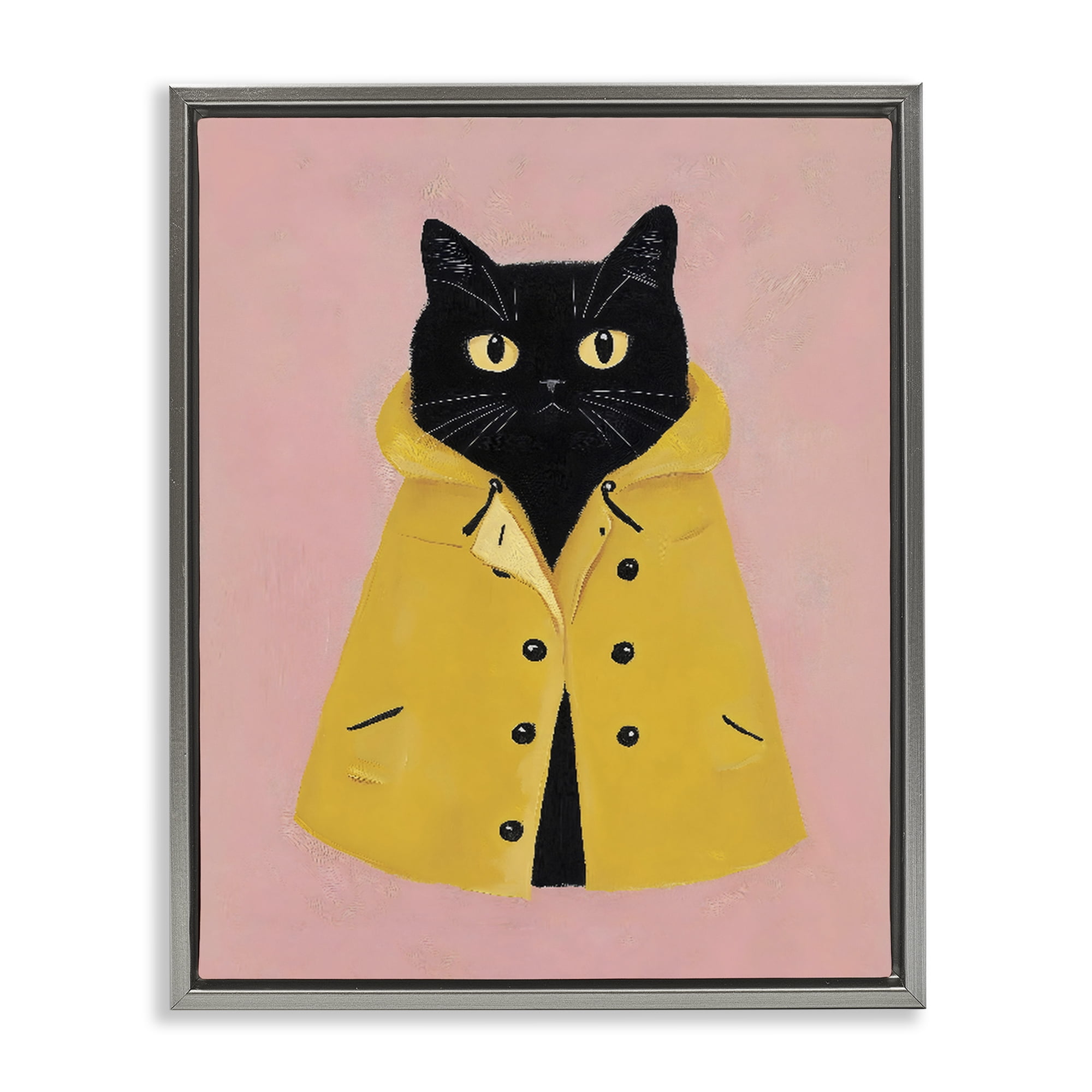 Stupell Industries Black Cat in Yellow Raincoat Gray Framed Floater Canvas Wall Art, design by The Prints Vibe