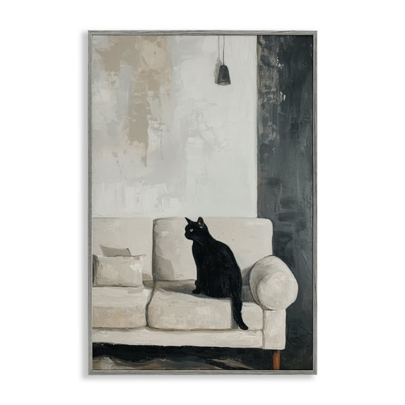 Stupell Industries Black Cat on Sofa Animals Painting Gray Framed Art Print Wall Art, 16 x 24