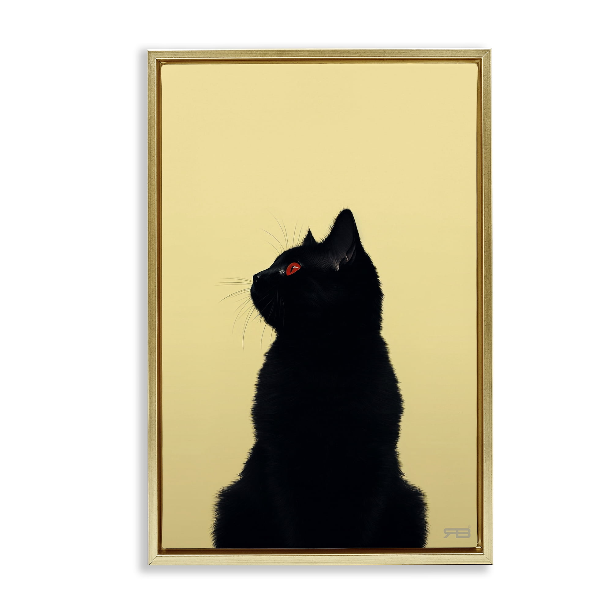 Stupell Industries Black Cat on Yellow Animals & Insects Painting Gold Floater Framed Canvas Art Print Wall Art, 17 x 25