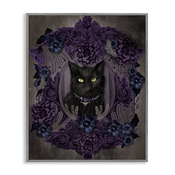 Black Cat with Gothic Florals Gray Framed Giclee Art, 16 x 20, Made In USA