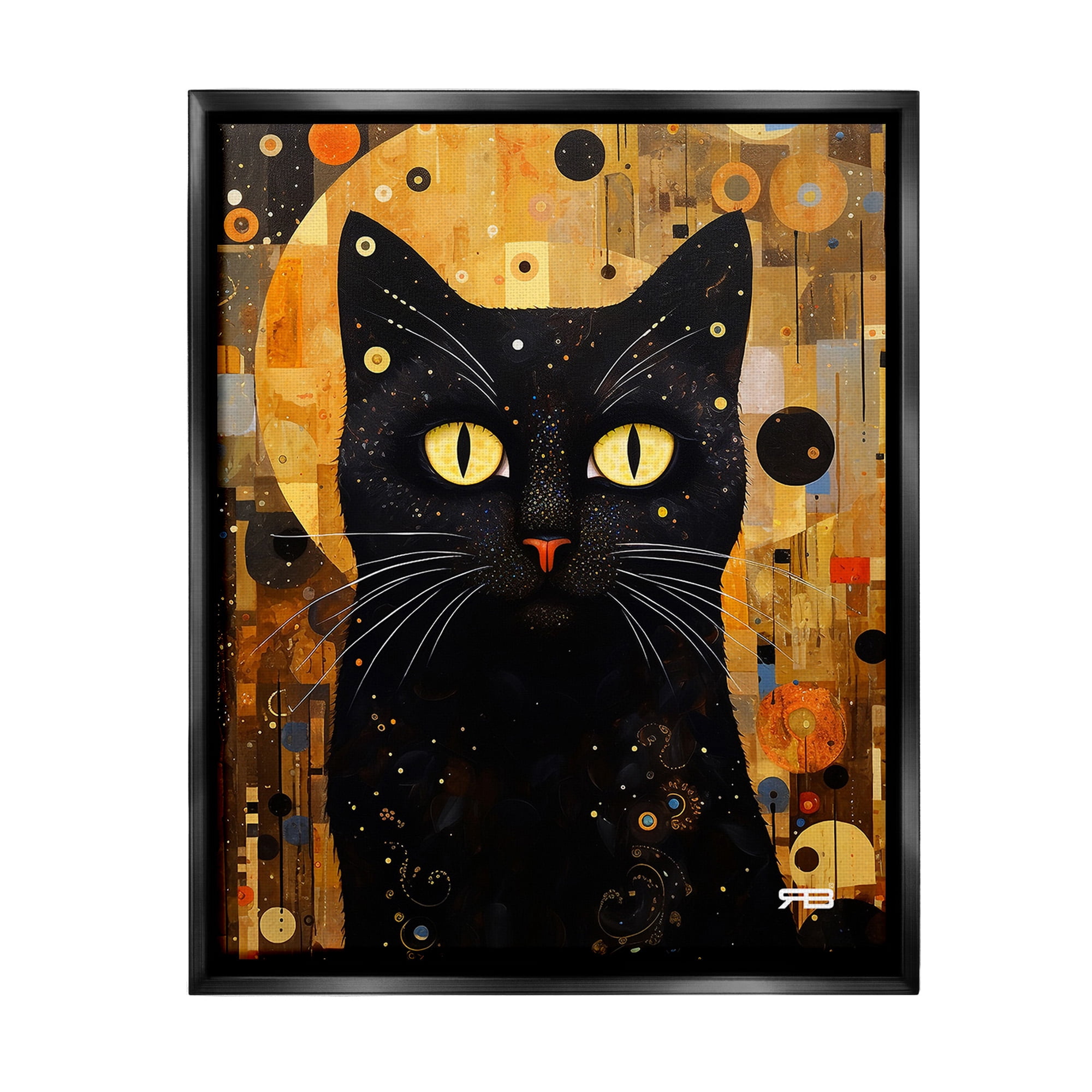 Stupell Industries Black Cat with Modern Pattern Animals & Insects Painting Black Floater Framed Canvas Art Print Wall Art, 25 x 31