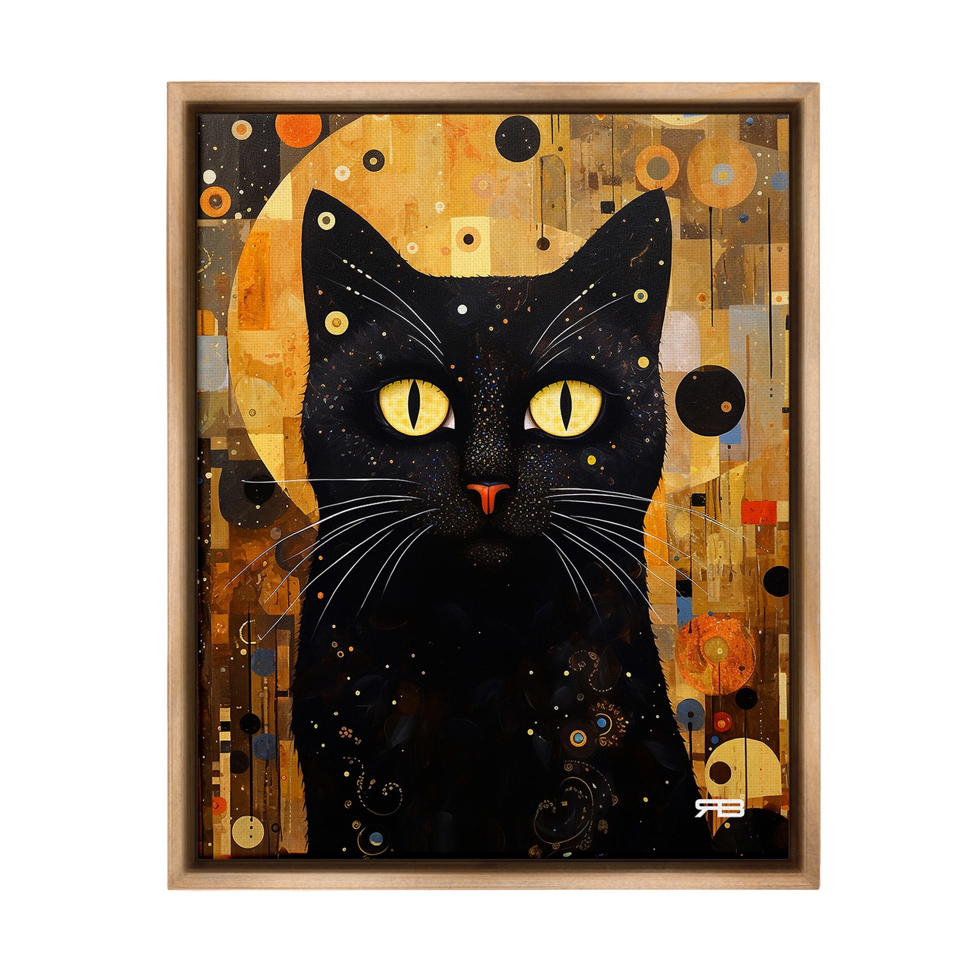 Stupell Industries Black Cat with Modern Pattern Animals & Insects Painting Brown Floater Framed Canvas Art Print Wall Art, 25 x 31