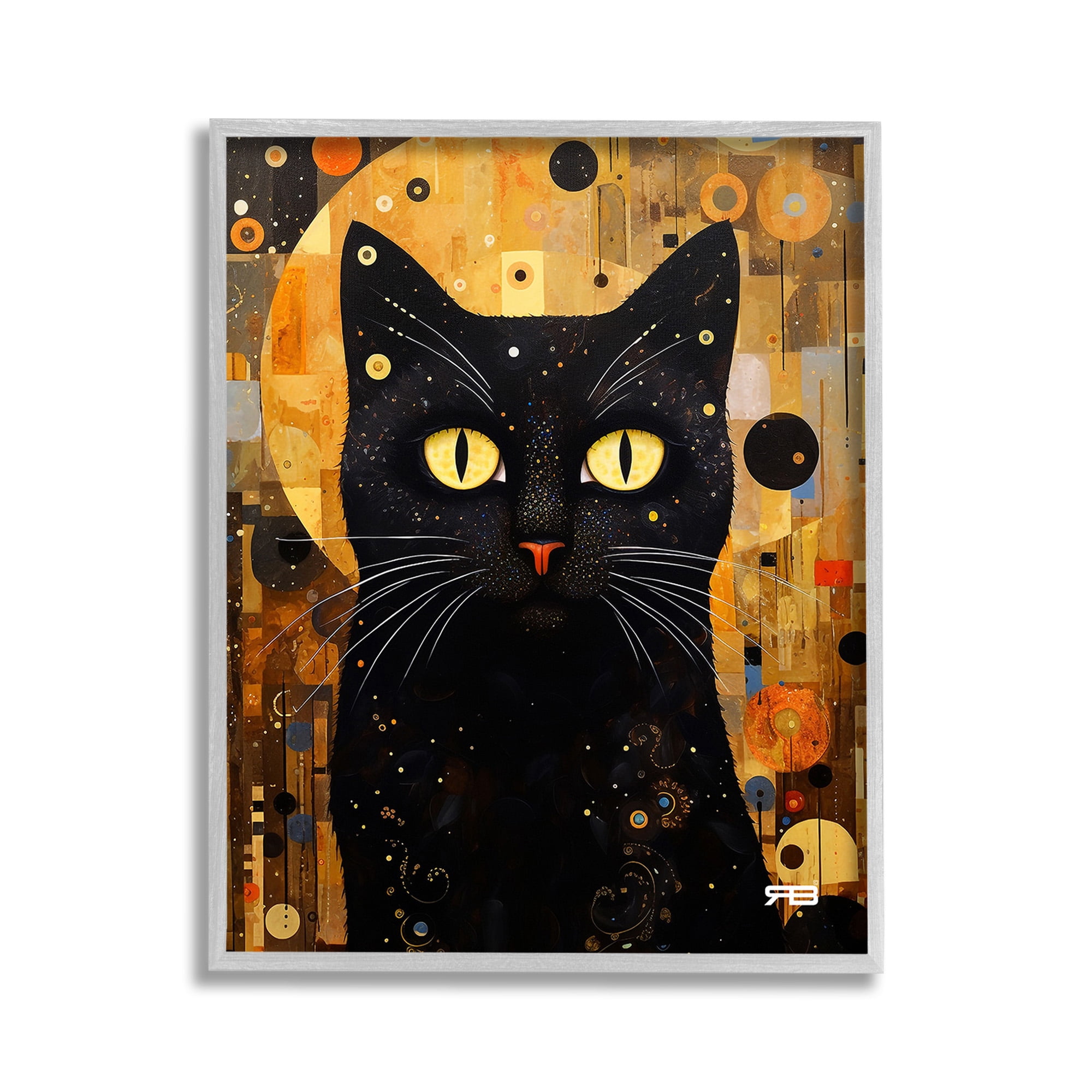 Stupell Industries Black Cat with Modern Pattern Animals & Insects Painting Gray Framed Art Print Wall Art, 11 x 14