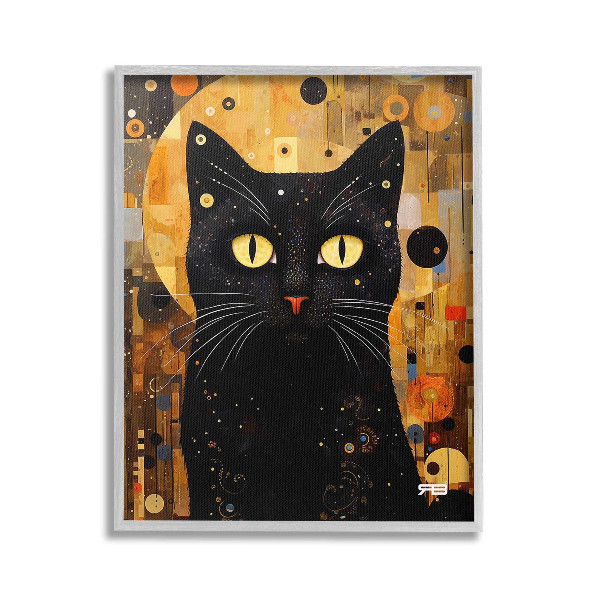Stupell Industries Black Cat with Modern Pattern Animals & Insects Painting Gray Framed Art Print Wall Art, 24 x 30