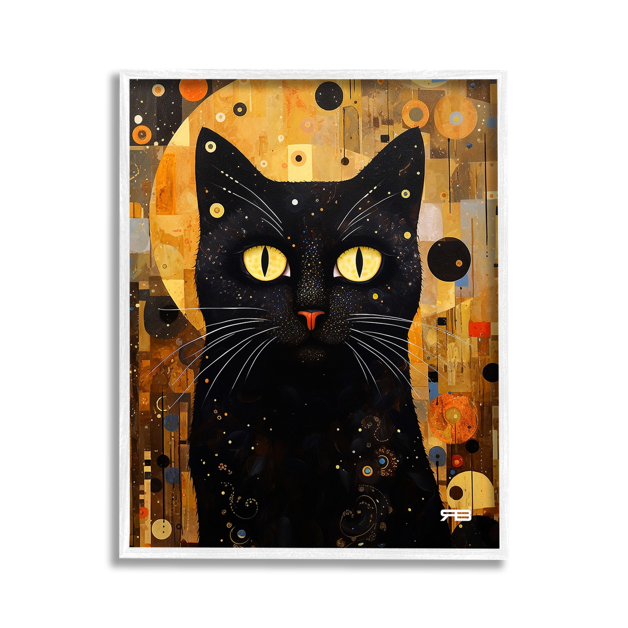 Stupell Industries Black Cat with Modern Pattern Animals & Insects Painting White Framed Art Print Wall Art, 11 x 14