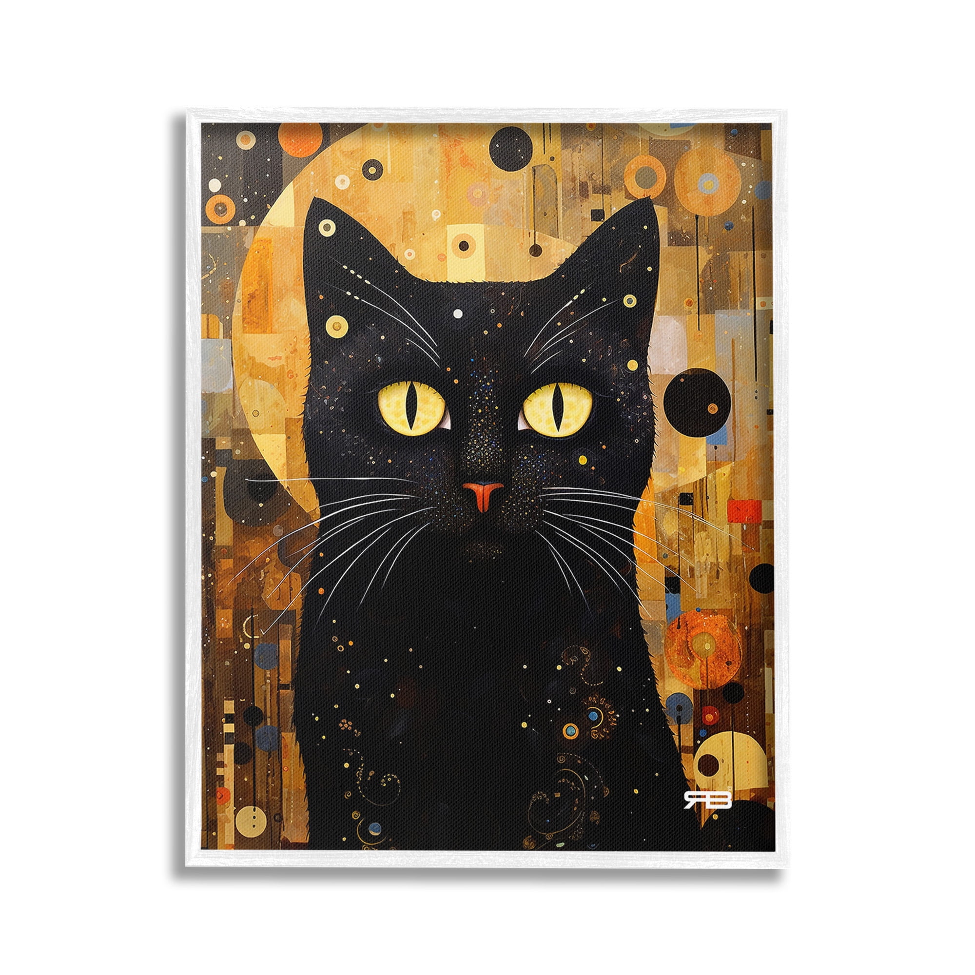 Stupell Industries Black Cat with Modern Pattern Animals & Insects Painting White Framed Art Print Wall Art, 24 x 30