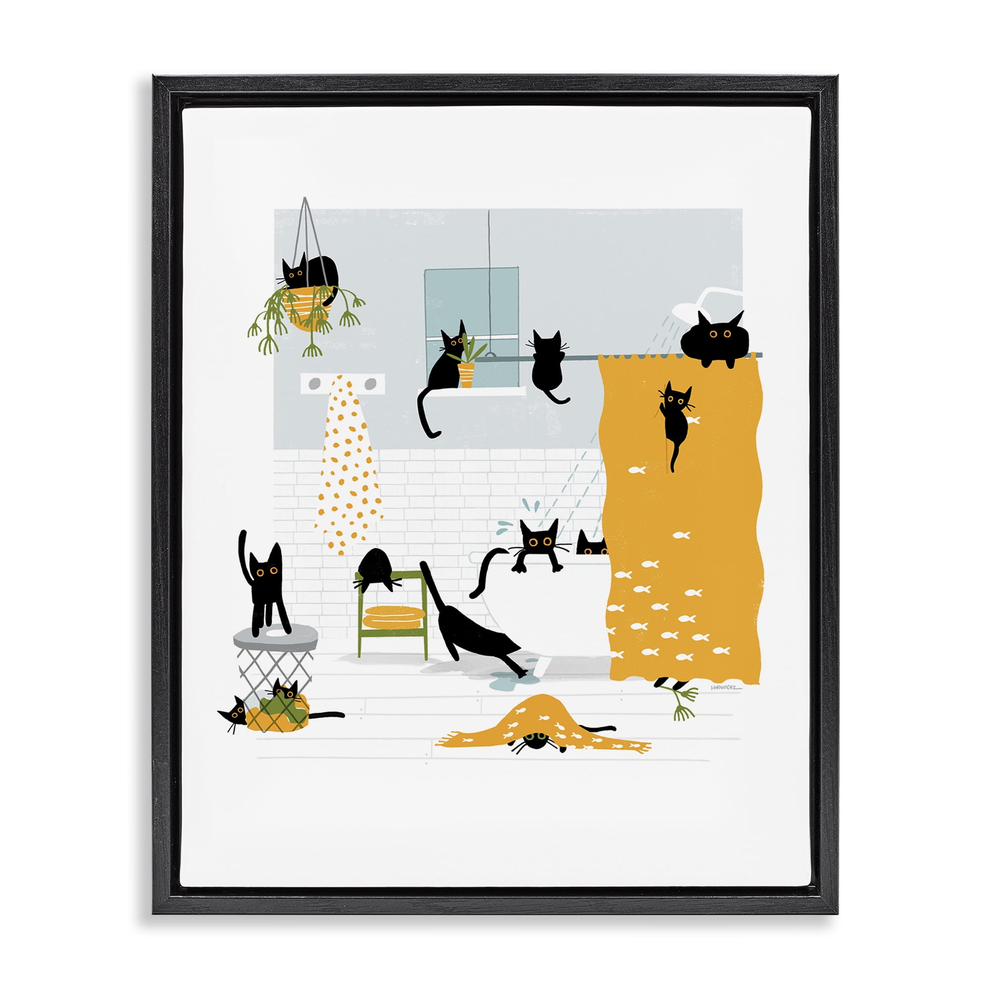 Stupell Industries Black Cats Bath Time Bath & Laundry Painting Black Floater Framed Canvas Art Print Wall Art, 17 x 21
