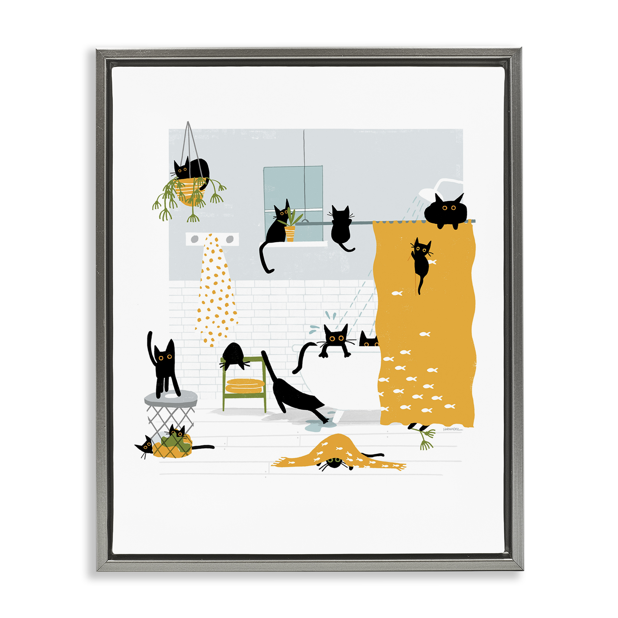 Stupell Industries Black Cats Bath Time Bath & Laundry Painting Gray Floater Framed Canvas Art Print Wall Art, 25 x 31