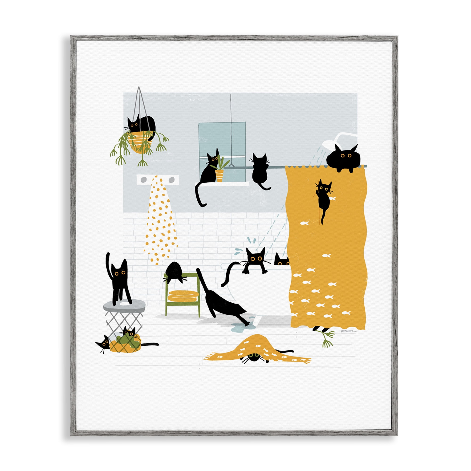 Stupell Industries Black Cats Bath Time Bath & Laundry Painting Gray Framed Art Print Wall Art, 24 x 30