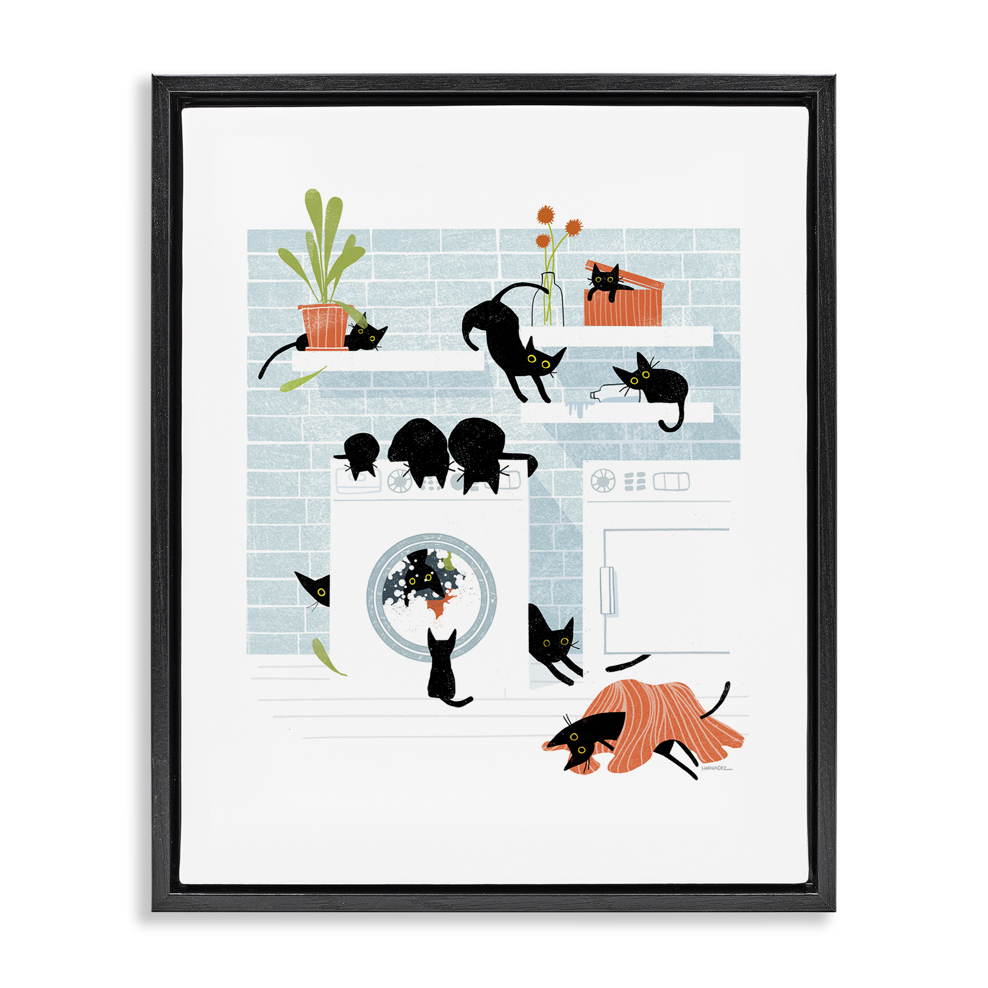 Stupell Industries Black Cats in Laundry Bath & Laundry Painting Black Floater Framed Canvas Art Print Wall Art, 17 x 21