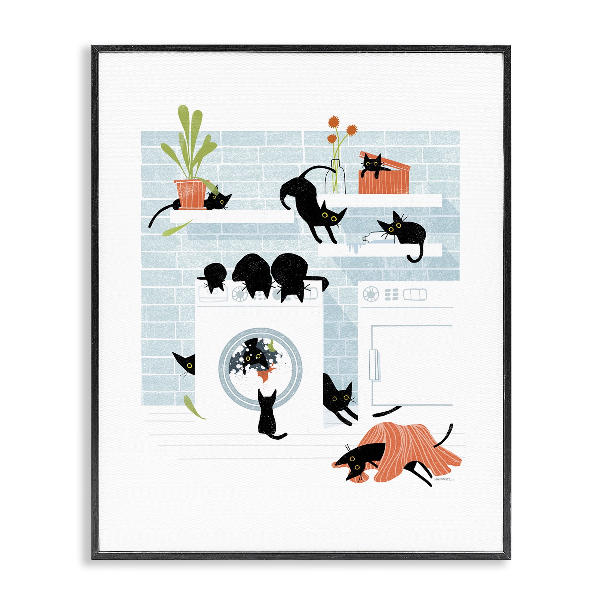 Stupell Industries Black Cats in Laundry Bath & Laundry Painting Black Framed Art Print Wall Art, 11 x 14