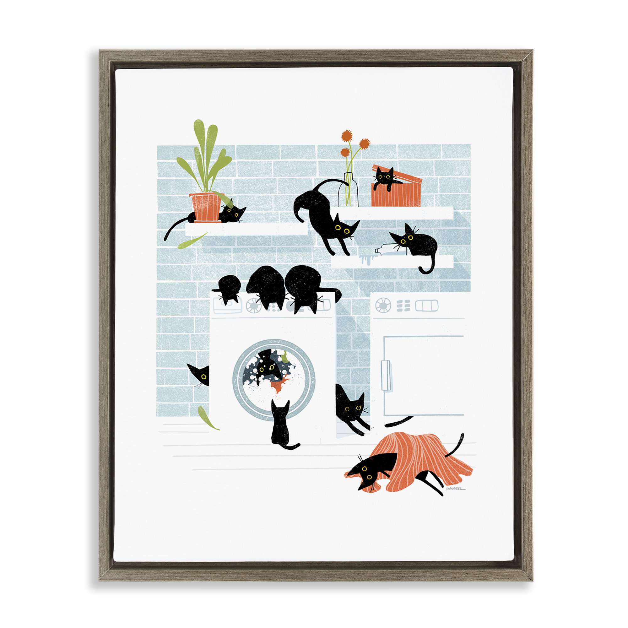 Stupell Industries Black Cats in Laundry Bath & Laundry Painting Brown Floater Framed Canvas Art Print Wall Art, 25 x 31