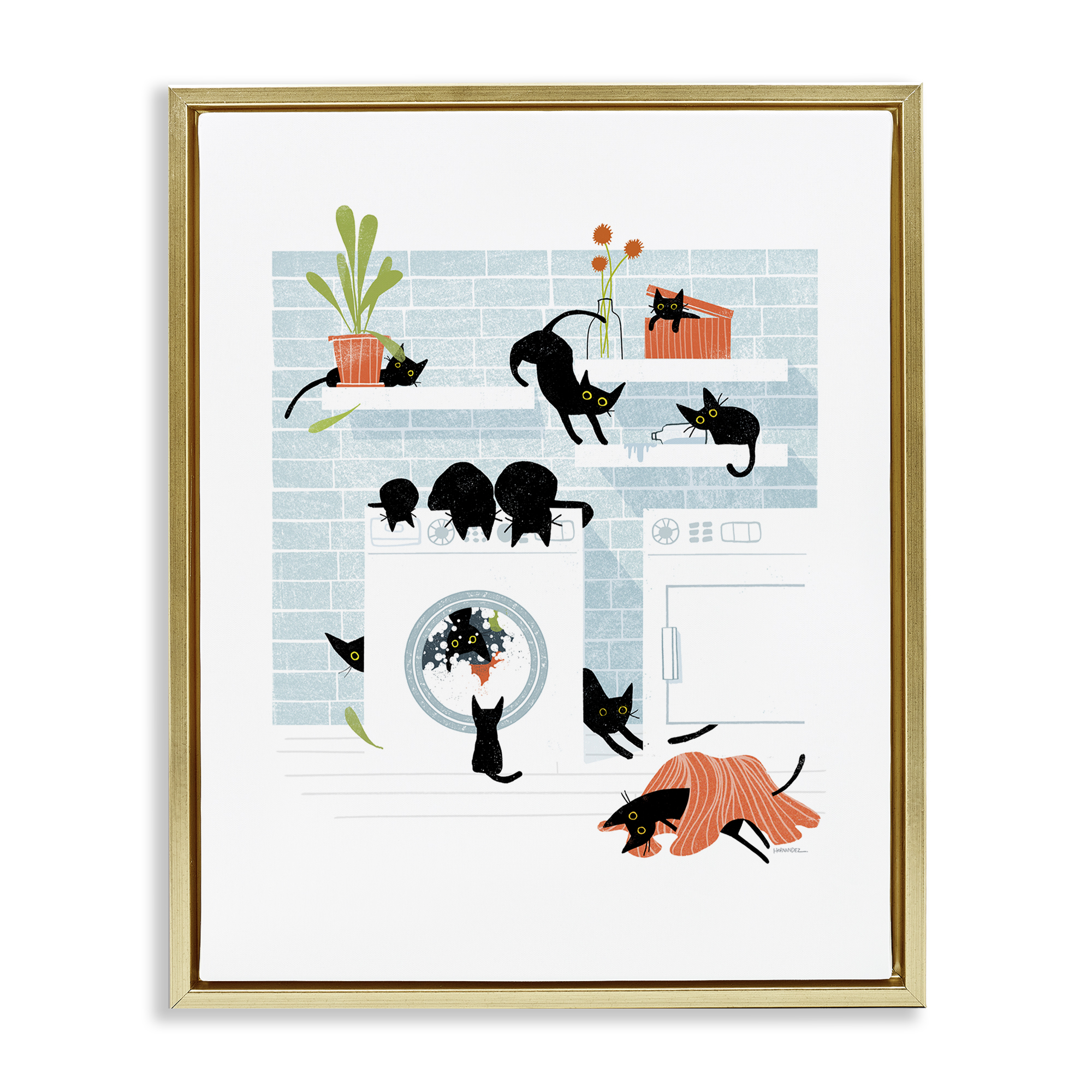 Stupell Industries Black Cats in Laundry Bath & Laundry Painting Gold Floater Framed Canvas Art Print Wall Art, 17 x 21
