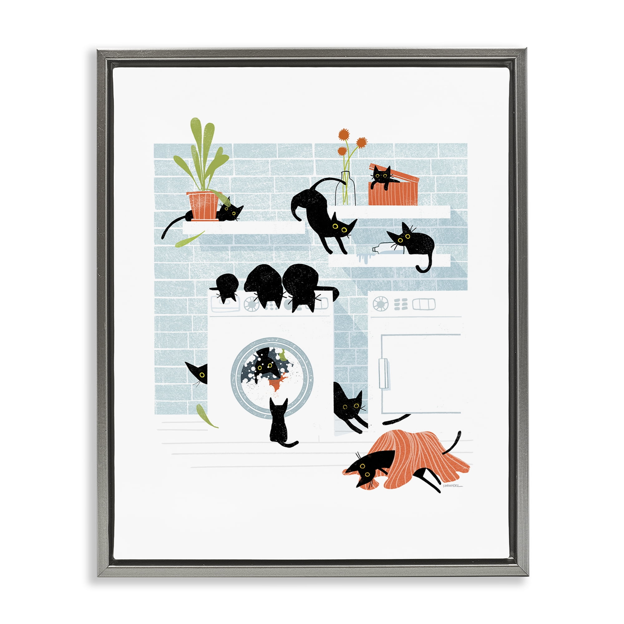Stupell Industries Black Cats in Laundry Bath & Laundry Painting Gray Floater Framed Canvas Art Print Wall Art, 25 x 31