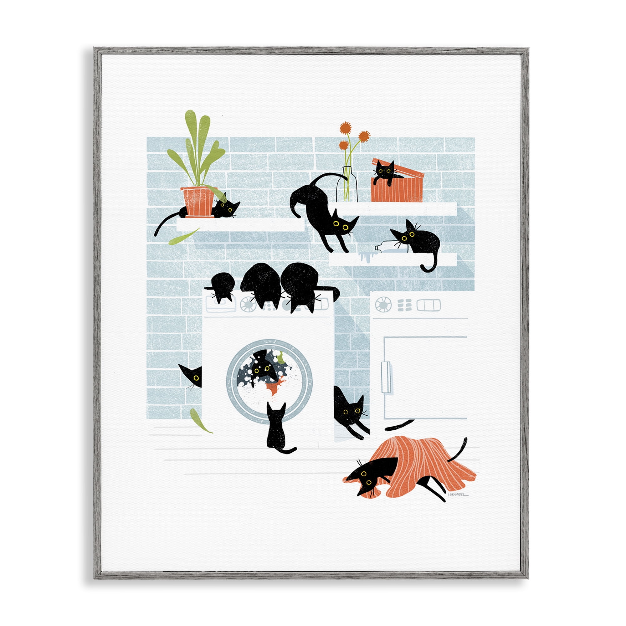 Stupell Industries Black Cats in Laundry Bath & Laundry Painting Gray Framed Art Print Wall Art, 11 x 14