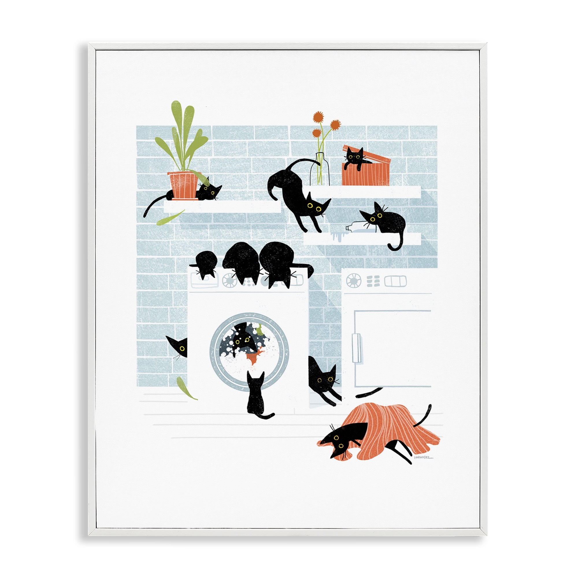 Stupell Industries Black Cats in Laundry Bath & Laundry Painting White Framed Art Print Wall Art, 11 x 14