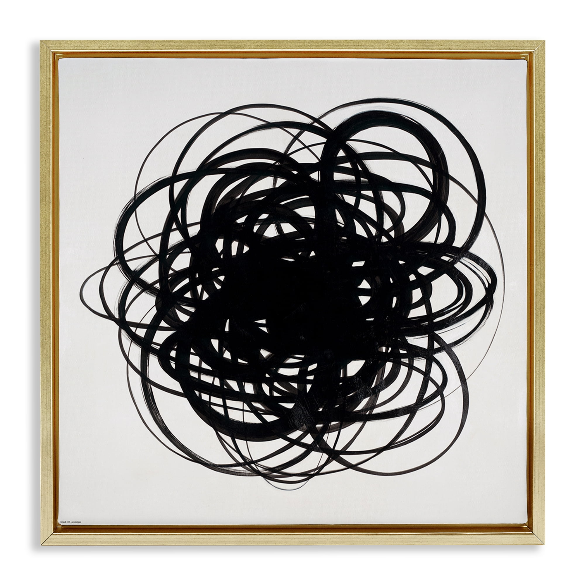 Stupell Industries Black Chaotic Scribble Abstract Painting Gold Floater Framed Canvas Art Print Wall Art, 25 x 25