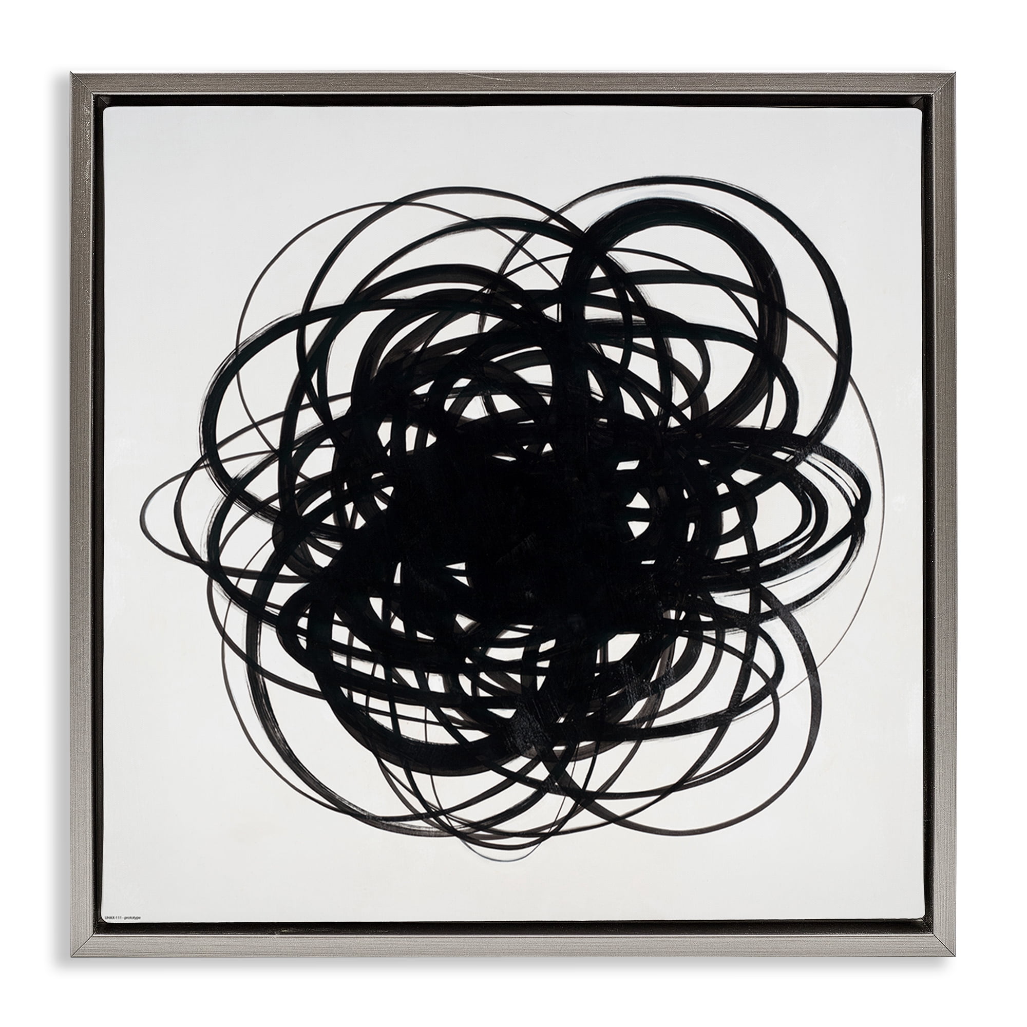Stupell Industries Black Chaotic Scribble Abstract Painting Gray Floater Framed Canvas Art Print Wall Art, 18 x 18