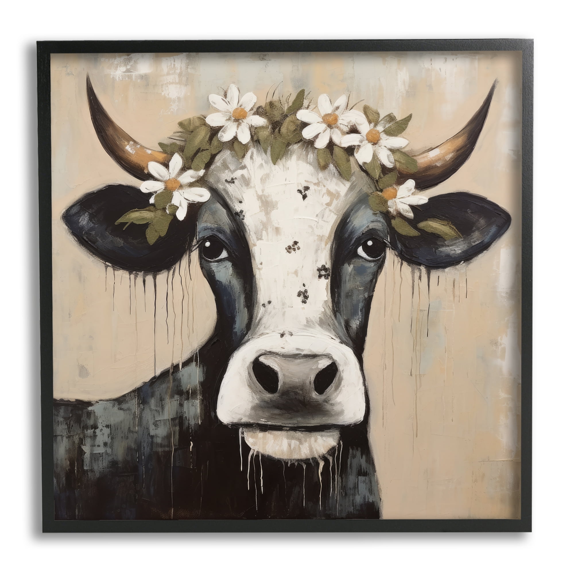Stupell Industries Black Cow & Daisy Crown Animals & Insects Painting Black Framed Art Print Wall Art, 12 x 12