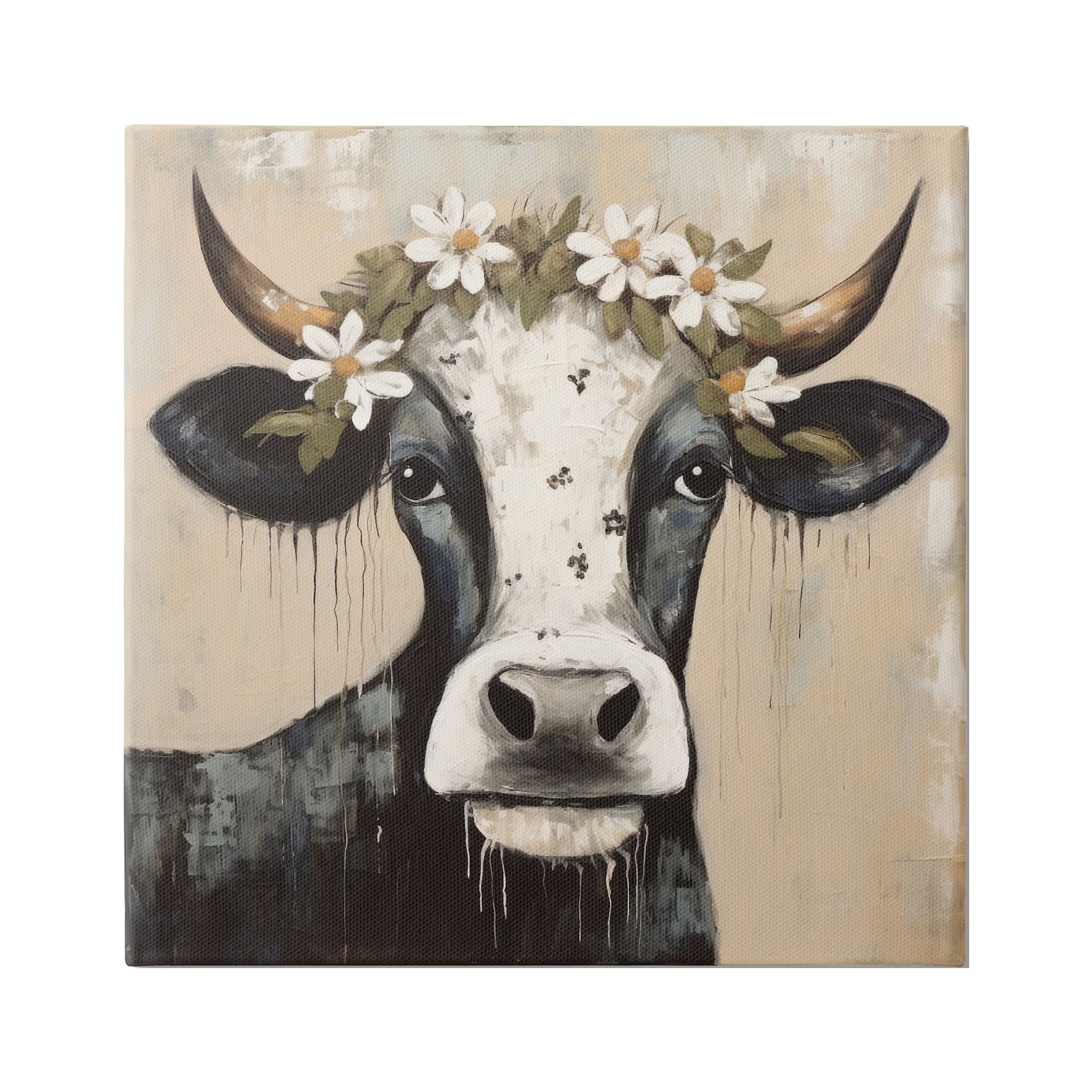 Stupell Industries Black Cow & Daisy Crown Animals & Insects Painting Gallery Wrapped Canvas Art Print Wall Art, 17 x 17