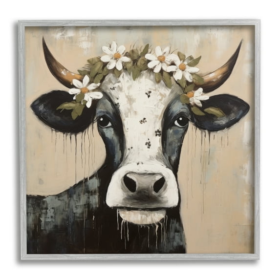 Stupell Industries Black Cow & Daisy Crown Animals & Insects Painting Gray Framed Art Print Wall Art, 12 x 12