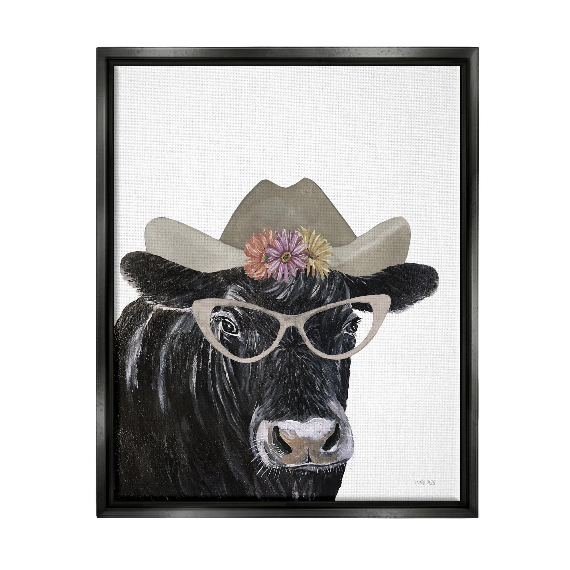Stupell Industries Black Cow in Floral Hat Animals & Insects Painting Black Floater Framed Art Print Wall Art, 17 x 21