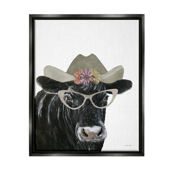 Stupell Industries Black Cow in Floral Hat Animals & Insects Painting Black Floater Framed Art Print Wall Art, 17 x 21