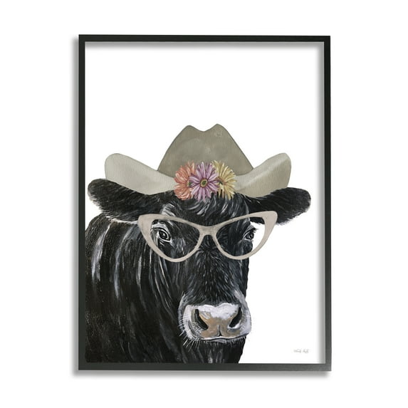Stupell Industries Black Cow in Floral Hat Animals & Insects Painting Black Framed Art Print Wall Art, 11 x 14