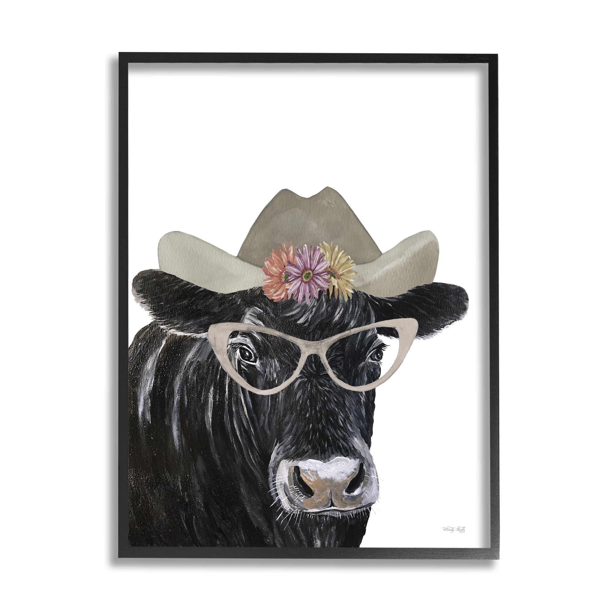 Stupell Industries Black Cow in Floral Hat Animals & Insects Painting Black Framed Art Print Wall Art, 24 x 30