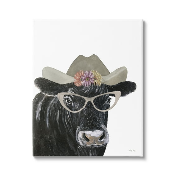 Stupell Industries Black Cow in Floral Hat Animals & Insects Painting Gallery Wrapped Canvas Print Wall Art, 16 x 20
