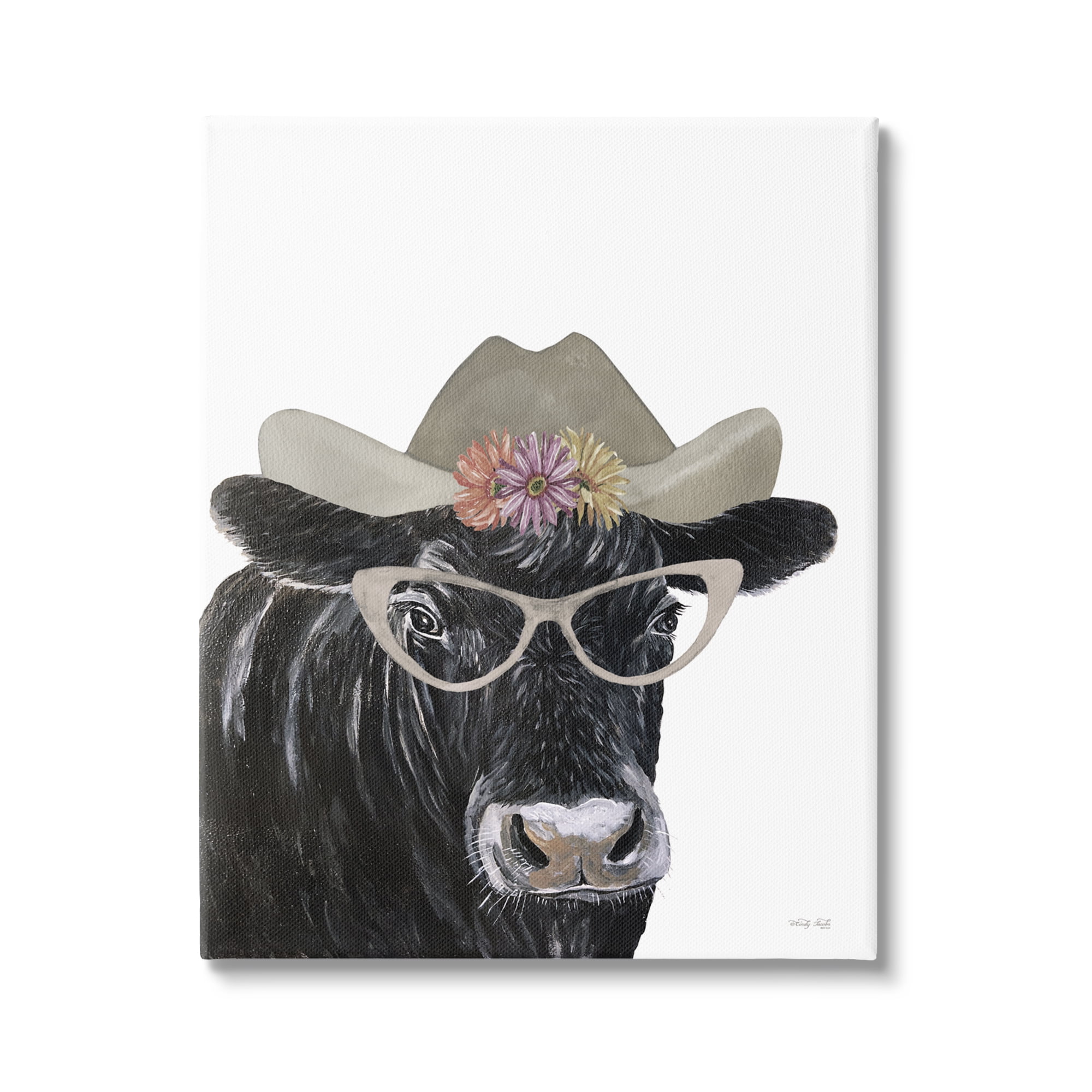 Stupell Industries Black Cow in Floral Hat Animals & Insects Painting Gallery Wrapped Canvas Print Wall Art, 24 x 30