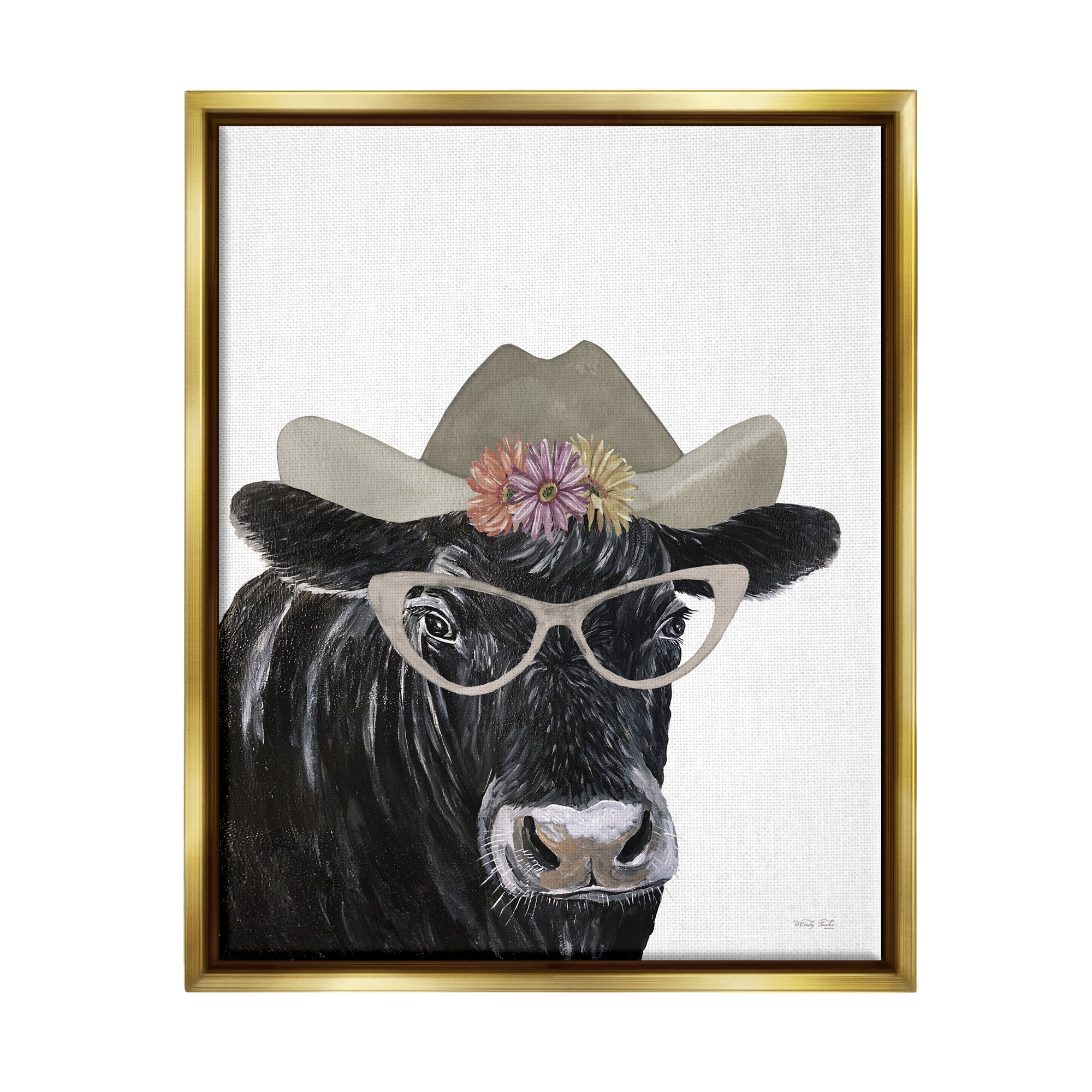 Stupell Industries Black Cow in Floral Hat Animals & Insects Painting Gold Floater Framed Art Print Wall Art, 25 x 31