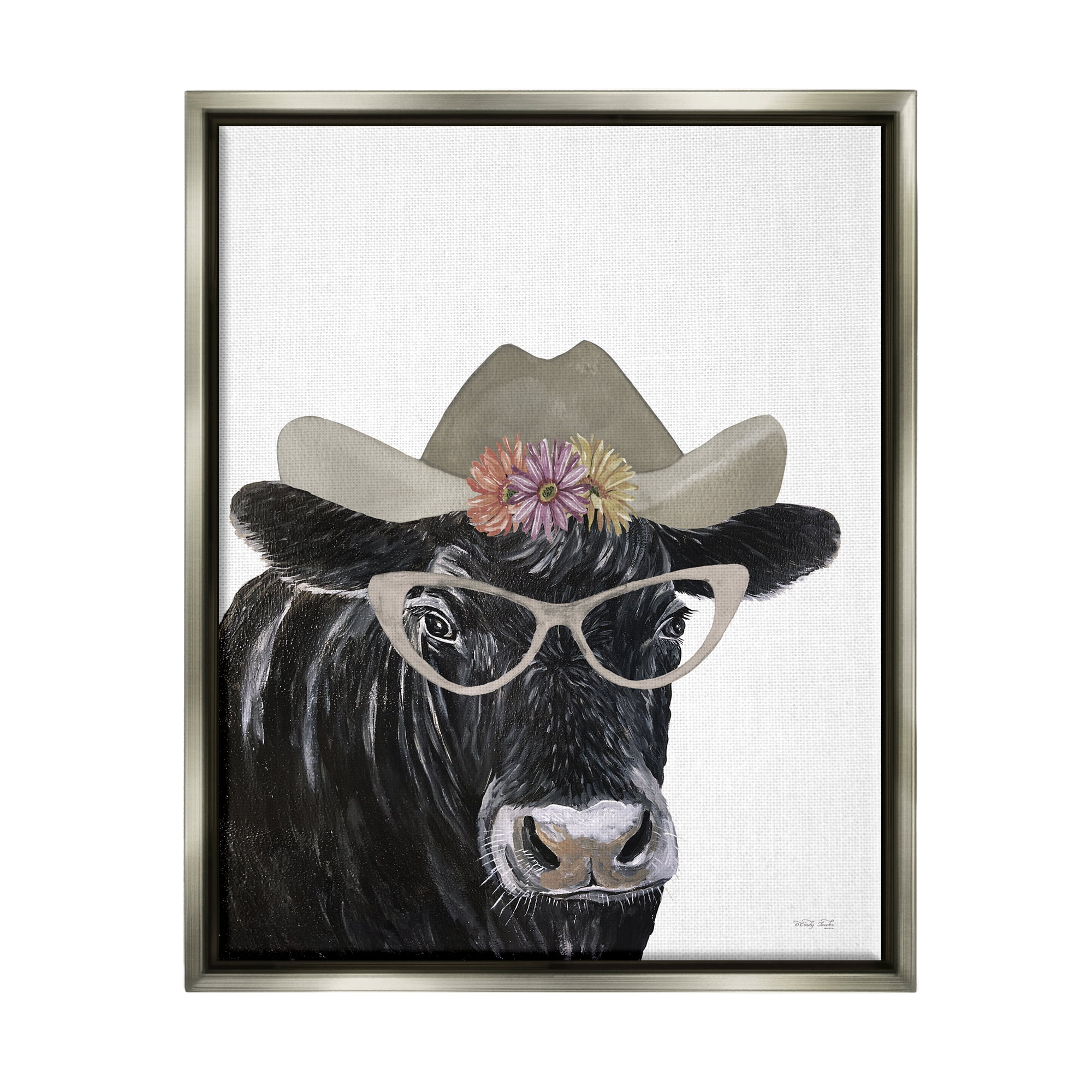 Stupell Industries Black Cow in Floral Hat Animals & Insects Painting Gray Floater Framed Art Print Wall Art, 25 x 31