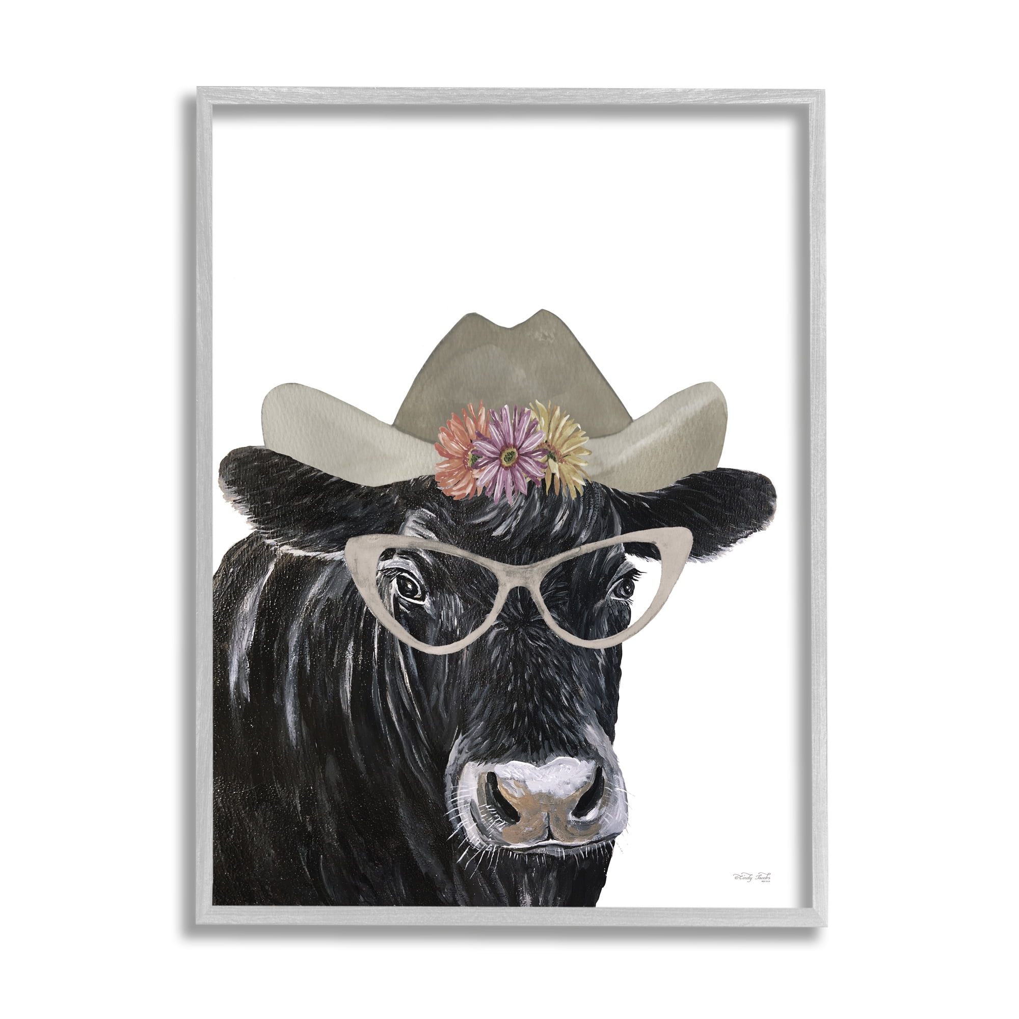 Stupell Industries Black Cow in Floral Hat Animals & Insects Painting Gray Framed Art Print Wall Art, 16 x 20