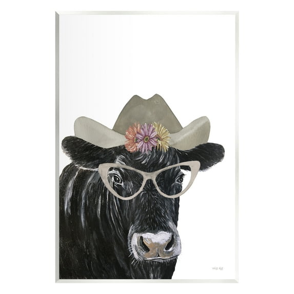 Stupell Industries Black Cow in Floral Hat Animals & Insects Painting Unframed Art Print Wall Art, 10 x 15