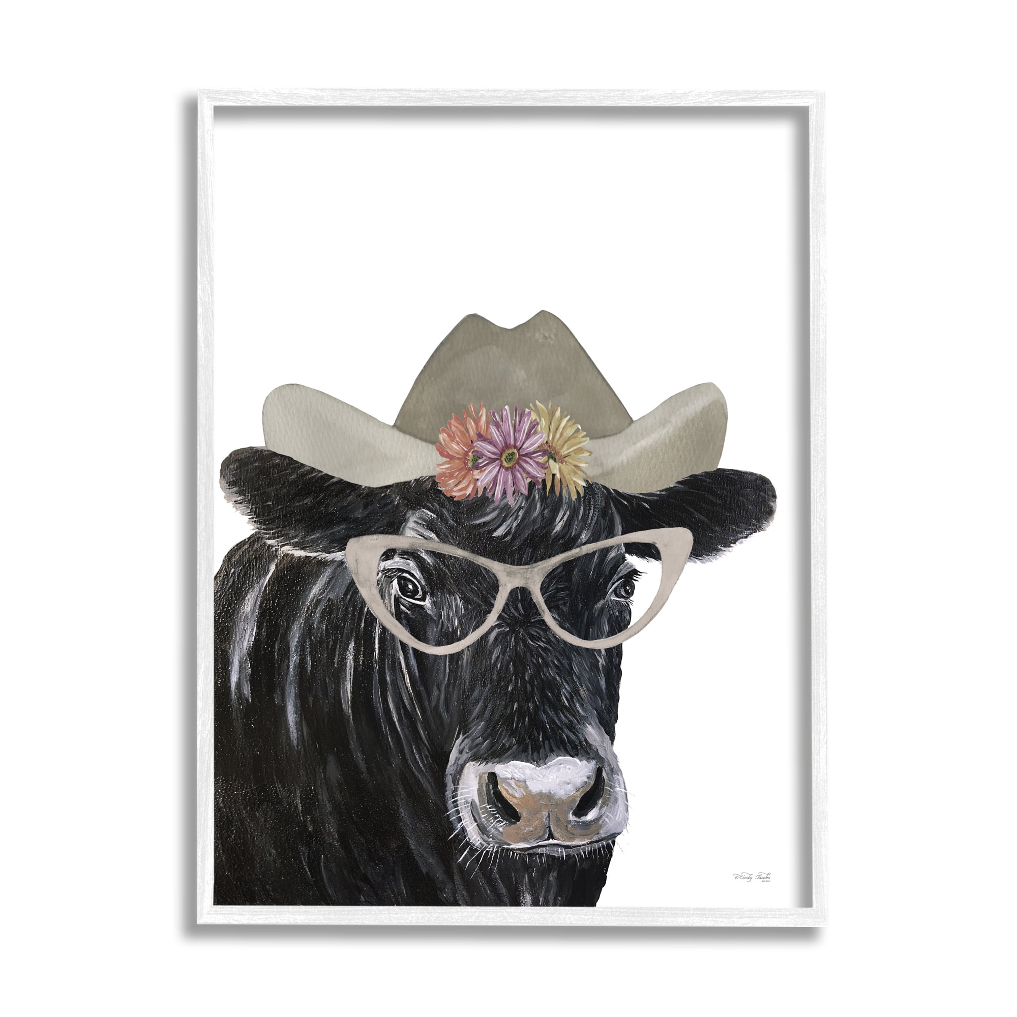 Stupell Industries Black Cow in Floral Hat Animals & Insects Painting White Framed Art Print Wall Art, 24 x 30