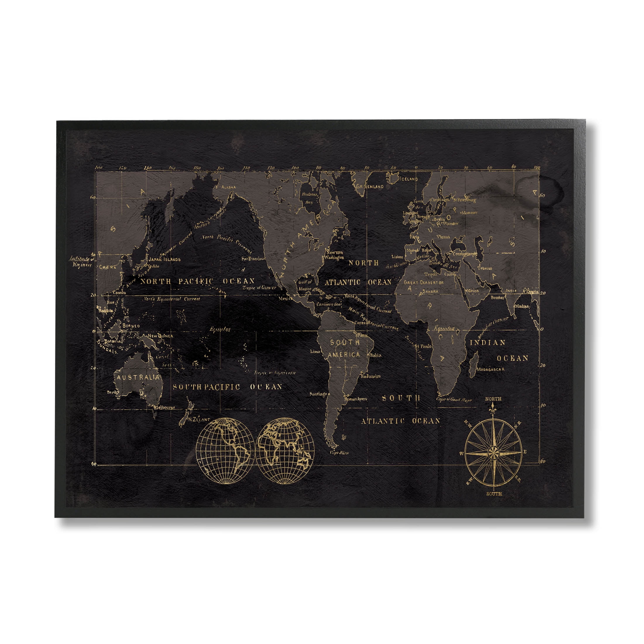 Stupell Industries Black Detailed World Map Graphic Art Black Framed Art Print Wall Art, Design by Carol Robinson