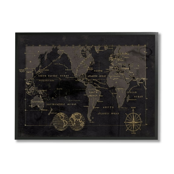 Stupell Industries Black Detailed World Map Graphic Art Black Framed Art Print Wall Art, Design by Carol Robinson