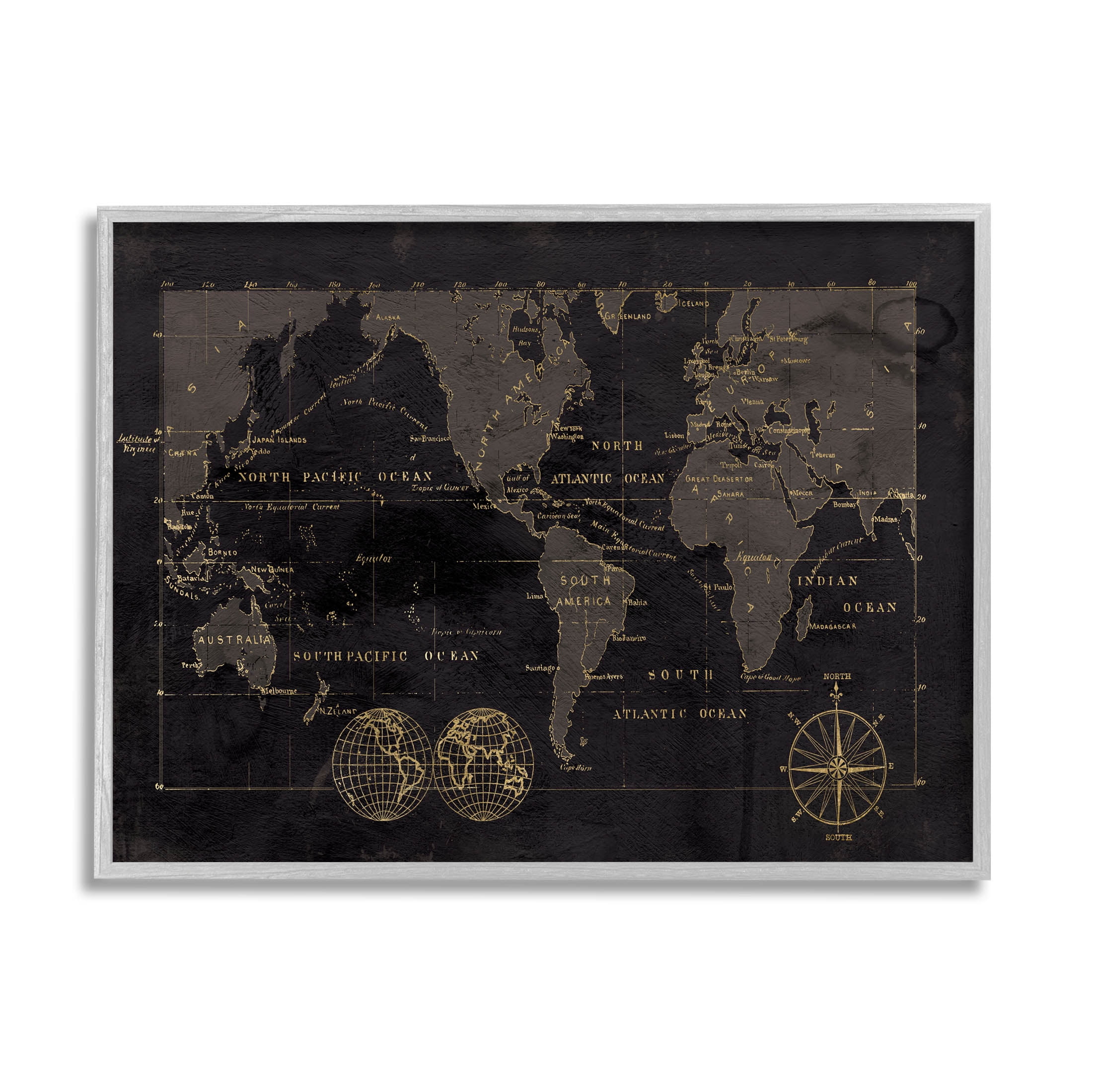 Stupell Industries Black Detailed World Map Graphic Art Gray Framed Art Print Wall Art, Design by Carol Robinson