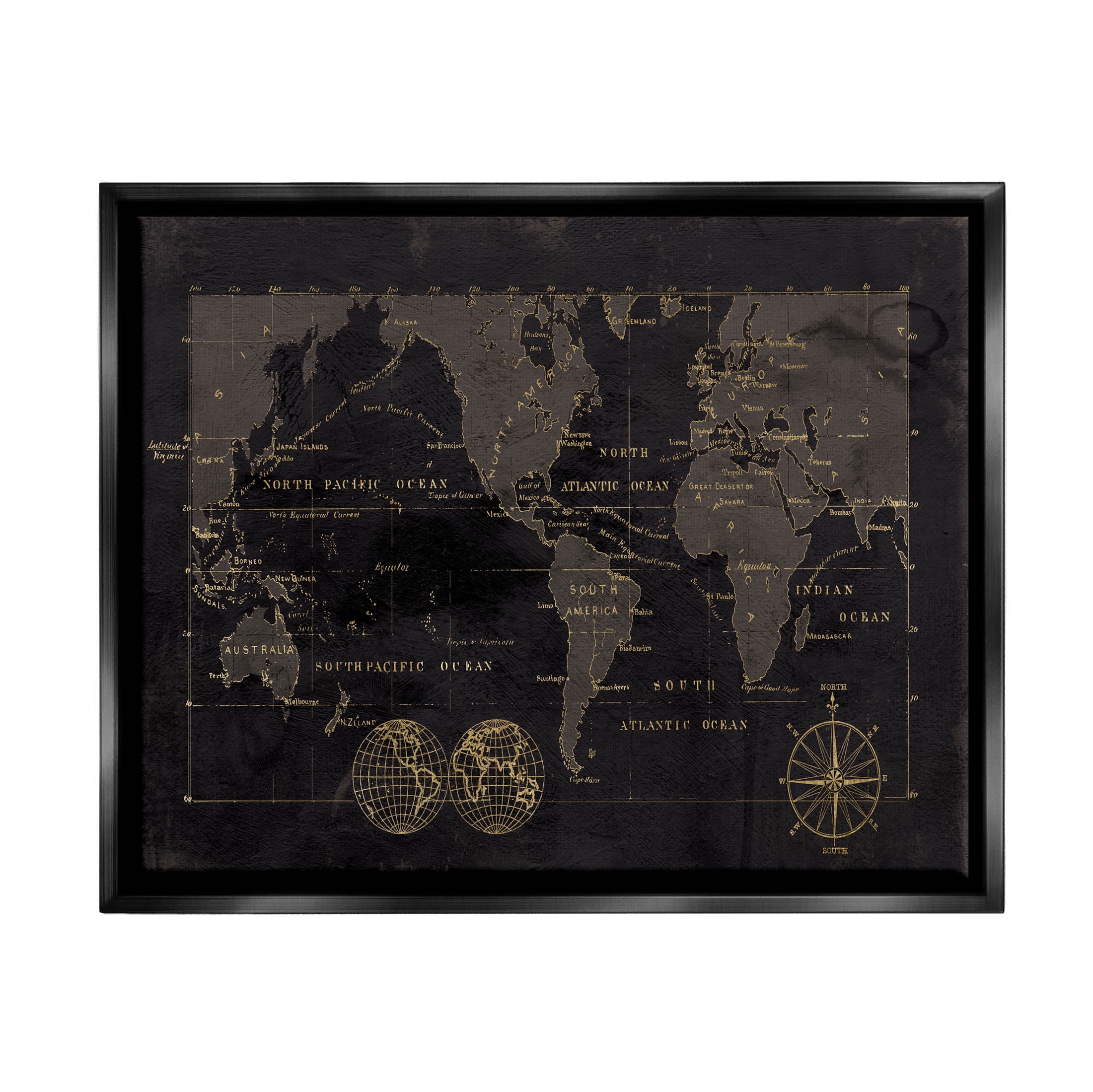 Stupell Industries Black Detailed World Map Graphic Art Jet Black Floating Framed Canvas Print Wall Art, Design by Carol Robinson