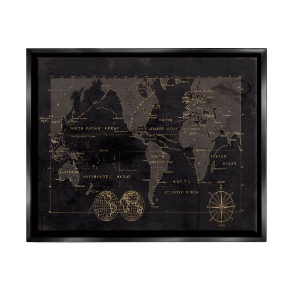 Stupell Industries Black Detailed World Map Graphic Art Jet Black Floating Framed Canvas Print Wall Art, Design by Carol Robinson