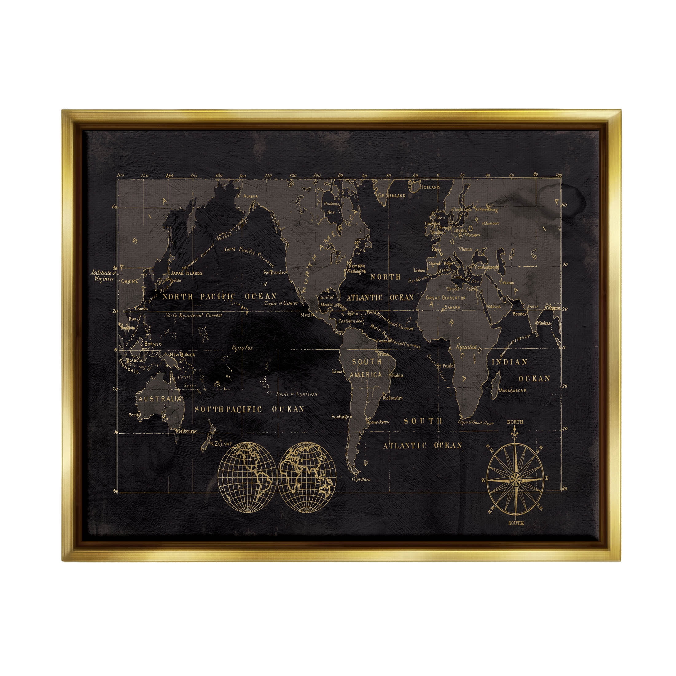 Stupell Industries Black Detailed World Map Graphic Art Metallic Gold Floating Framed Canvas Print Wall Art, Design by Carol Robinson