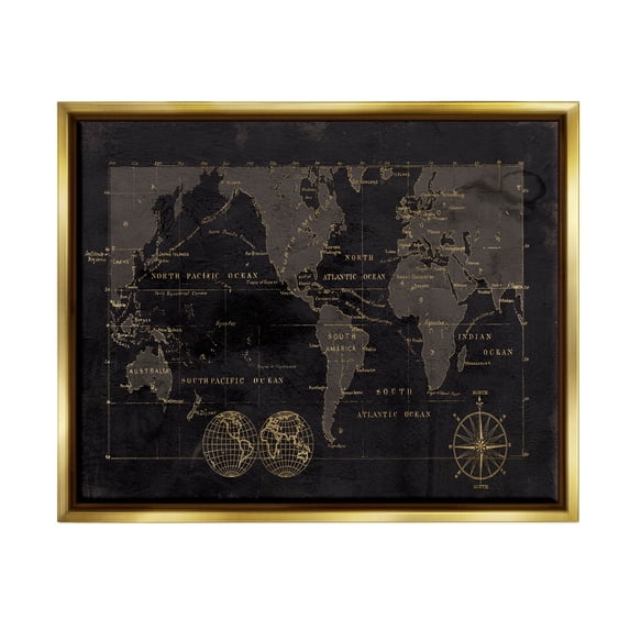 Stupell Industries Black Detailed World Map Graphic Art Metallic Gold Floating Framed Canvas Print Wall Art, Design by Carol Robinson